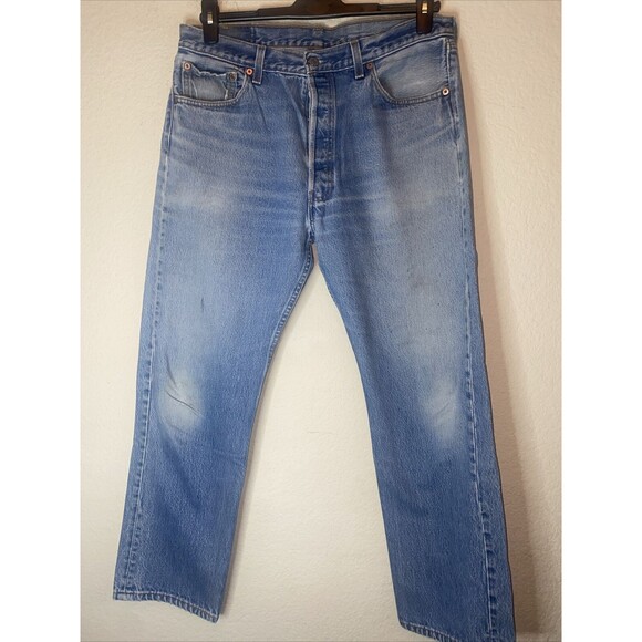 vintage LEVIS 501xx Jeans Button Fly 36x33 Mens USA Light Denim 90s *stain - Picture 1 of 12